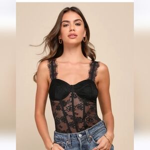 NWT Lulus Flawless Fantasy Black Floral Lace Sheer Bustier Bodysuit